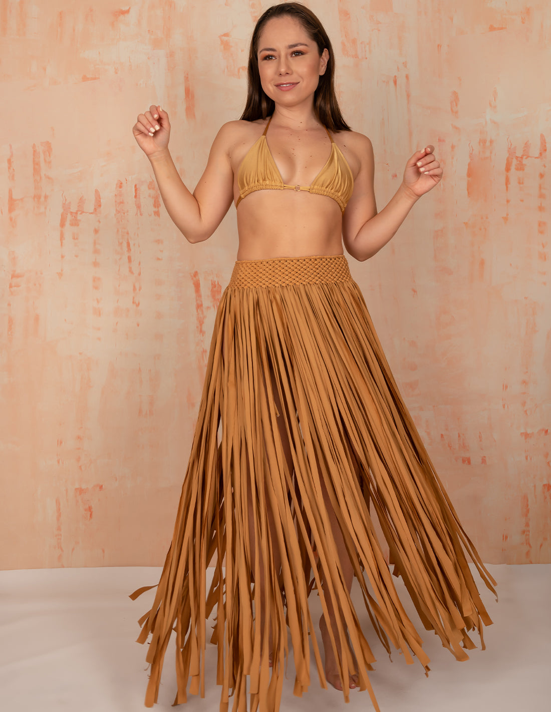 Flow Skirt Golden. Hand-Dyed Beach Skirt With Hand Woven Macramé In Golden. Entreaguas