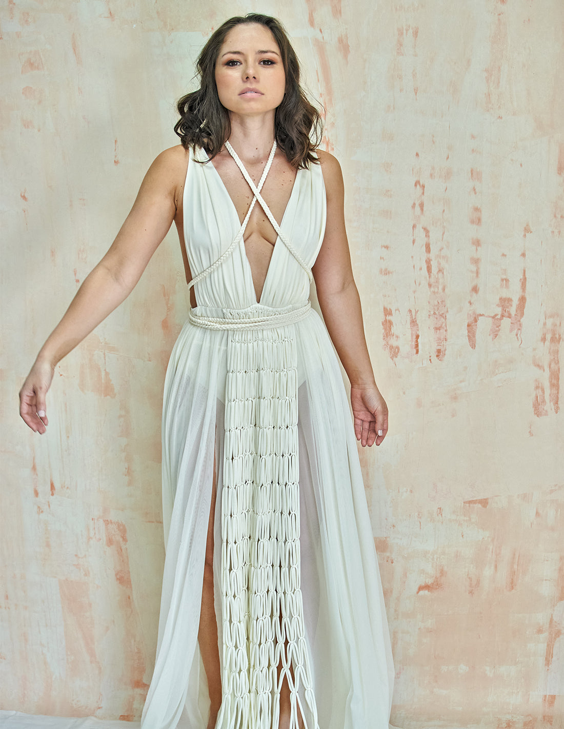 Diosa Dress Ivory. Dress With Hand Woven Macramé In Ivory. Entreaguas