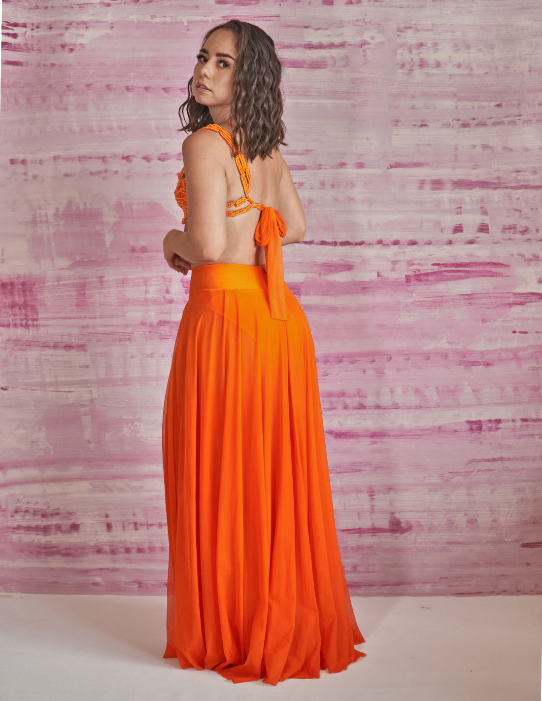 Cisne Dress Citrus Orange. Dress With Hand Woven Macramé In Citrus Orange. Entreaguas