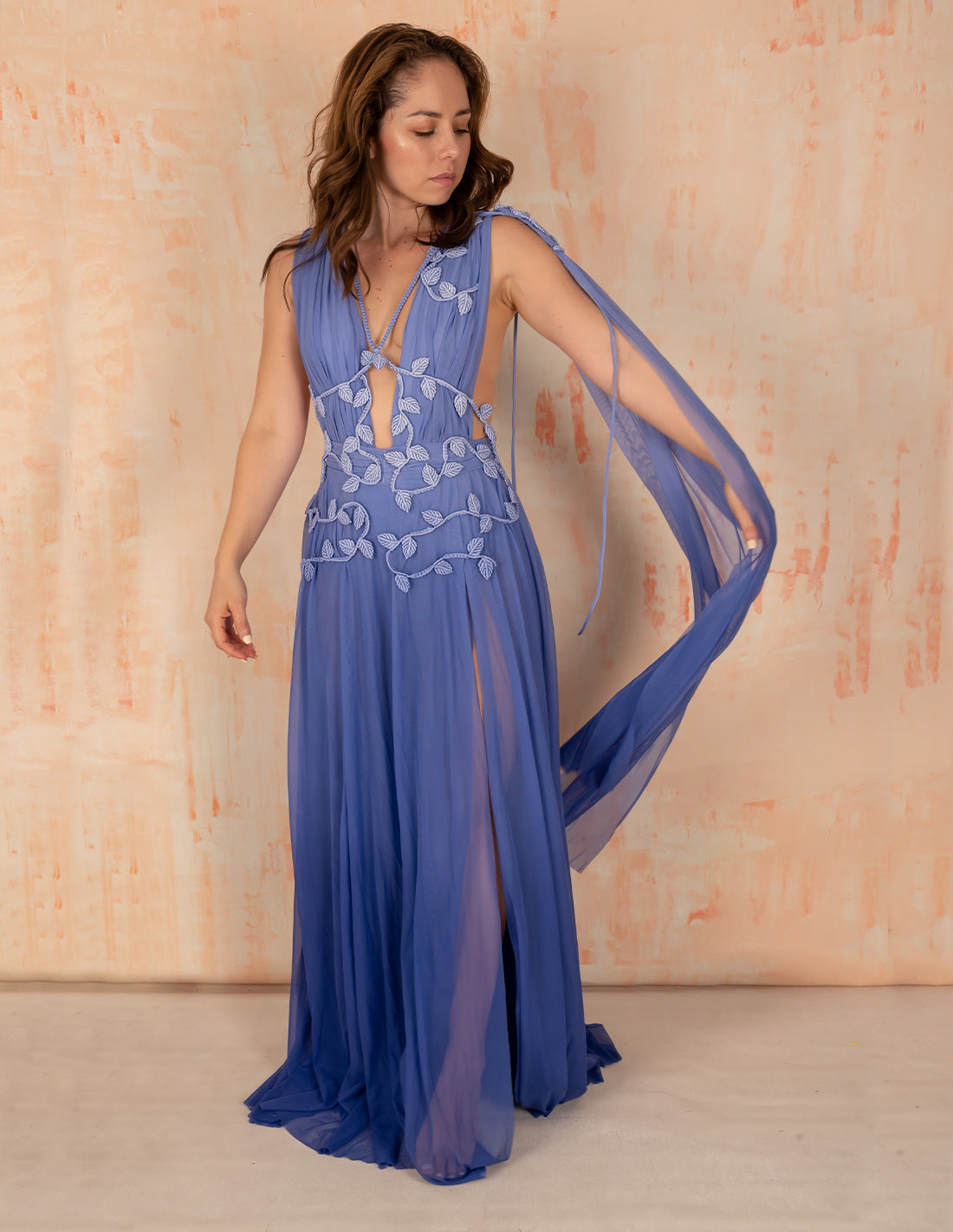 Copernico Dress Sky Blue. Hand-Dyed Dress With Hand Woven Macramé In Sky Blue. Entreaguas