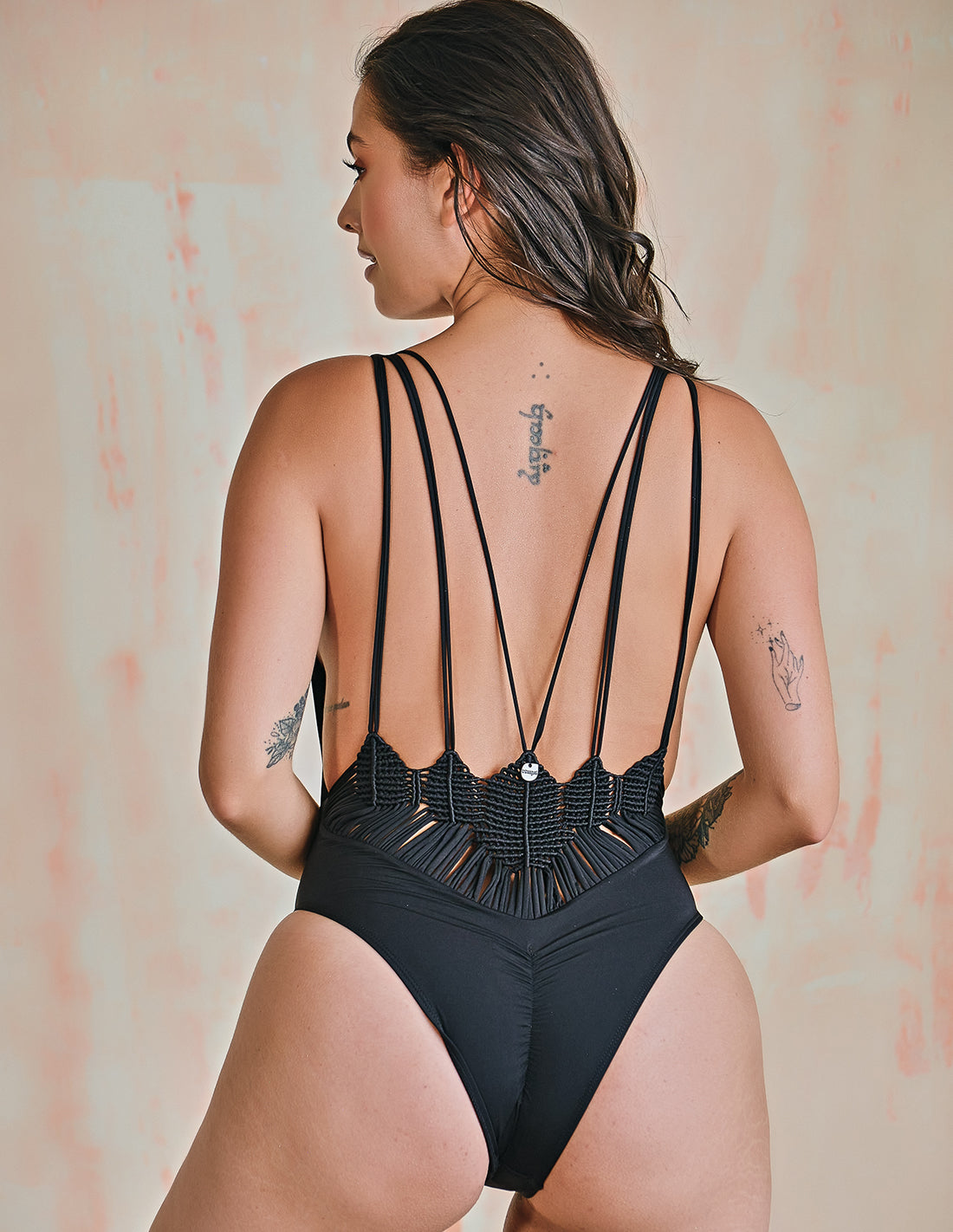 Mirror One Piece Black. One Piece Swimsuit With Hand Woven Macramé In Black. Entreaguas