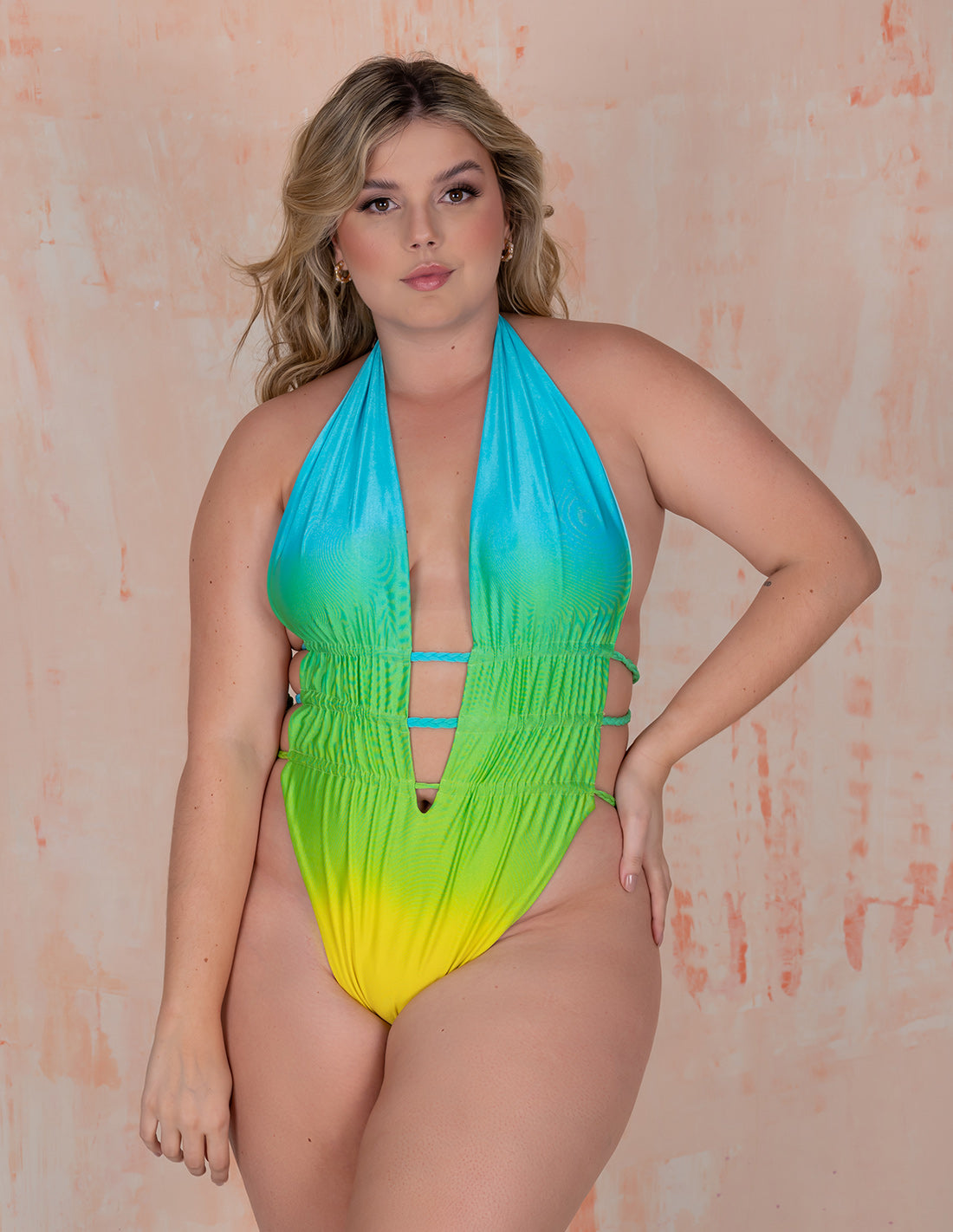 Lotus One-Piece Sky Blue + Green + Yellow. Hand-Dyed One-Piece Swimsuit With Hand Woven Macramé In Sky Blue + Green + Yellow. Entreaguas
