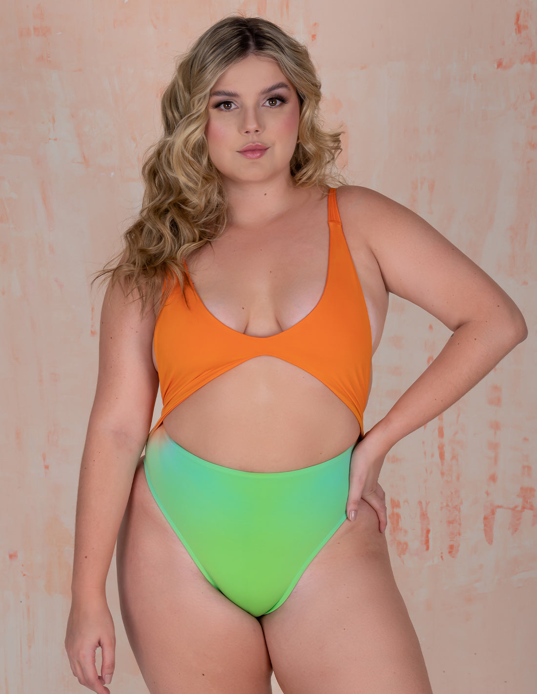 Mirror One-Piece Orange + Green. Hand-Dyed One-Piece Swimsuit With Hand Woven Macramé In Orange + Green. Entreaguas