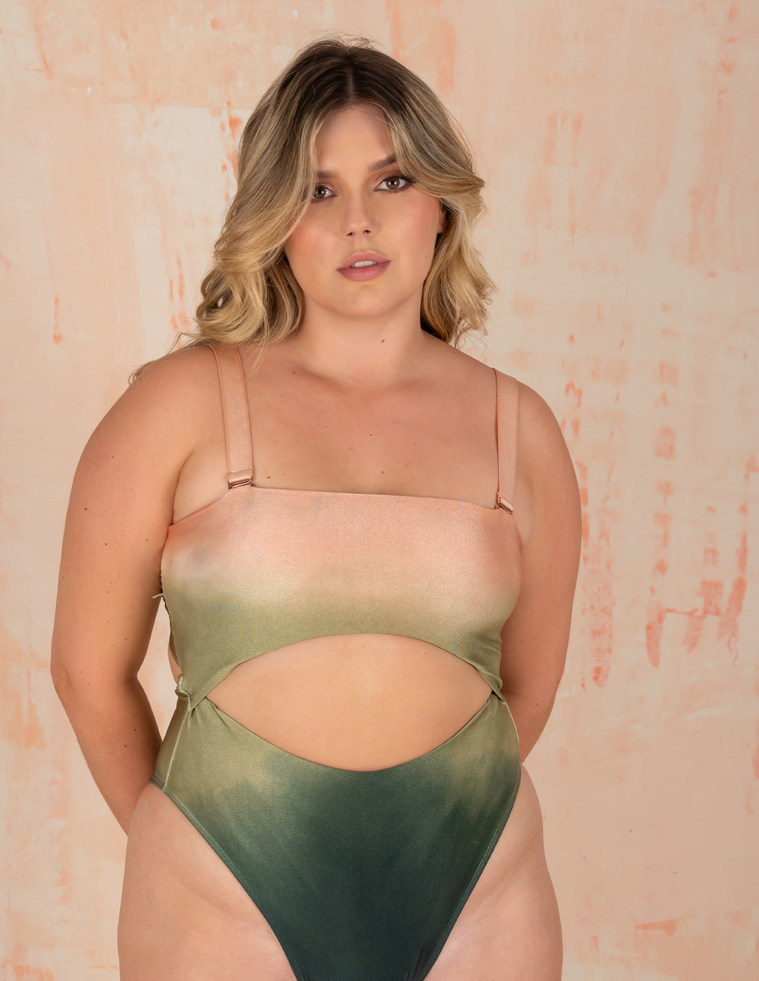 Infinite One-Piece Salmon + Pistacho + Green Algea. Hand-Dyed One-Piece Swimsuit With Hand Woven Macramé In Salmon + Pistacho + Green Algea. Entreaguas